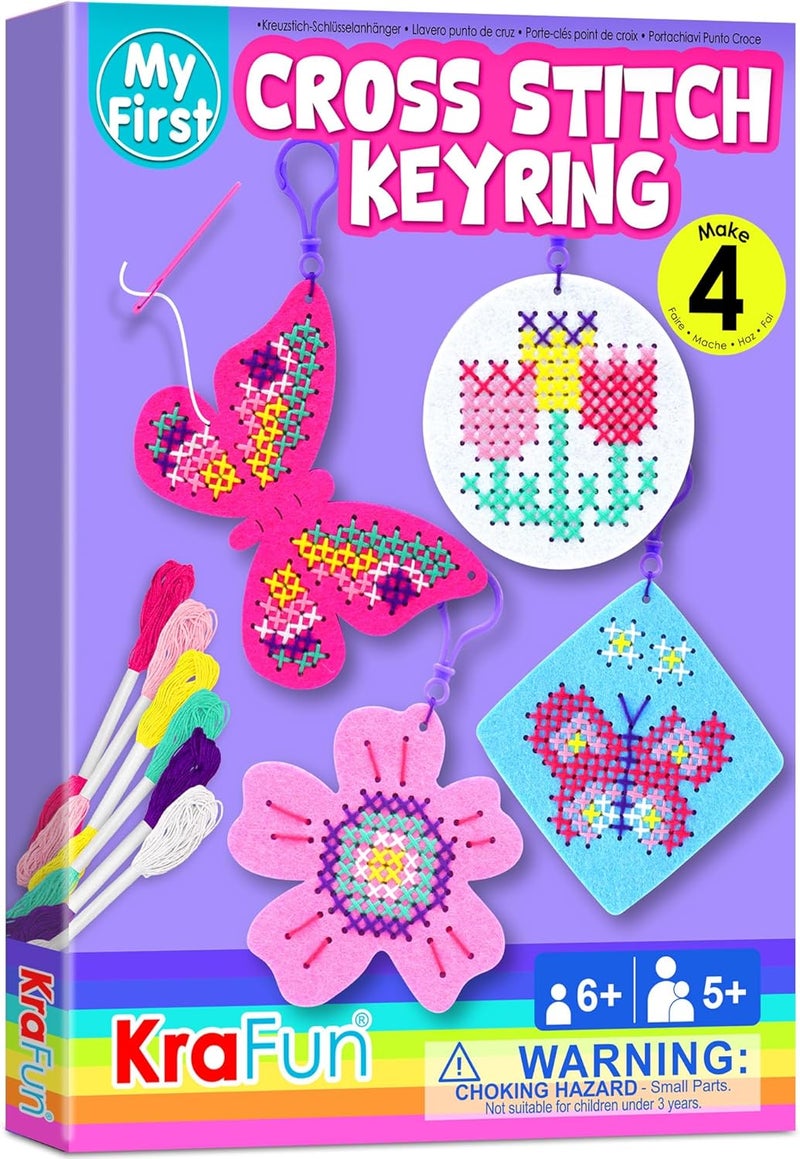 KRAFUN Cross Stitch Kits for Kids Beginners, 4 Cross Stitching Keyrings Arts & Crafts with Butterfly and Flower, Needlepoint Embroidery Kit for Girls 5-13 Craft Kit Backpack Charms, Ornaments - Image 1